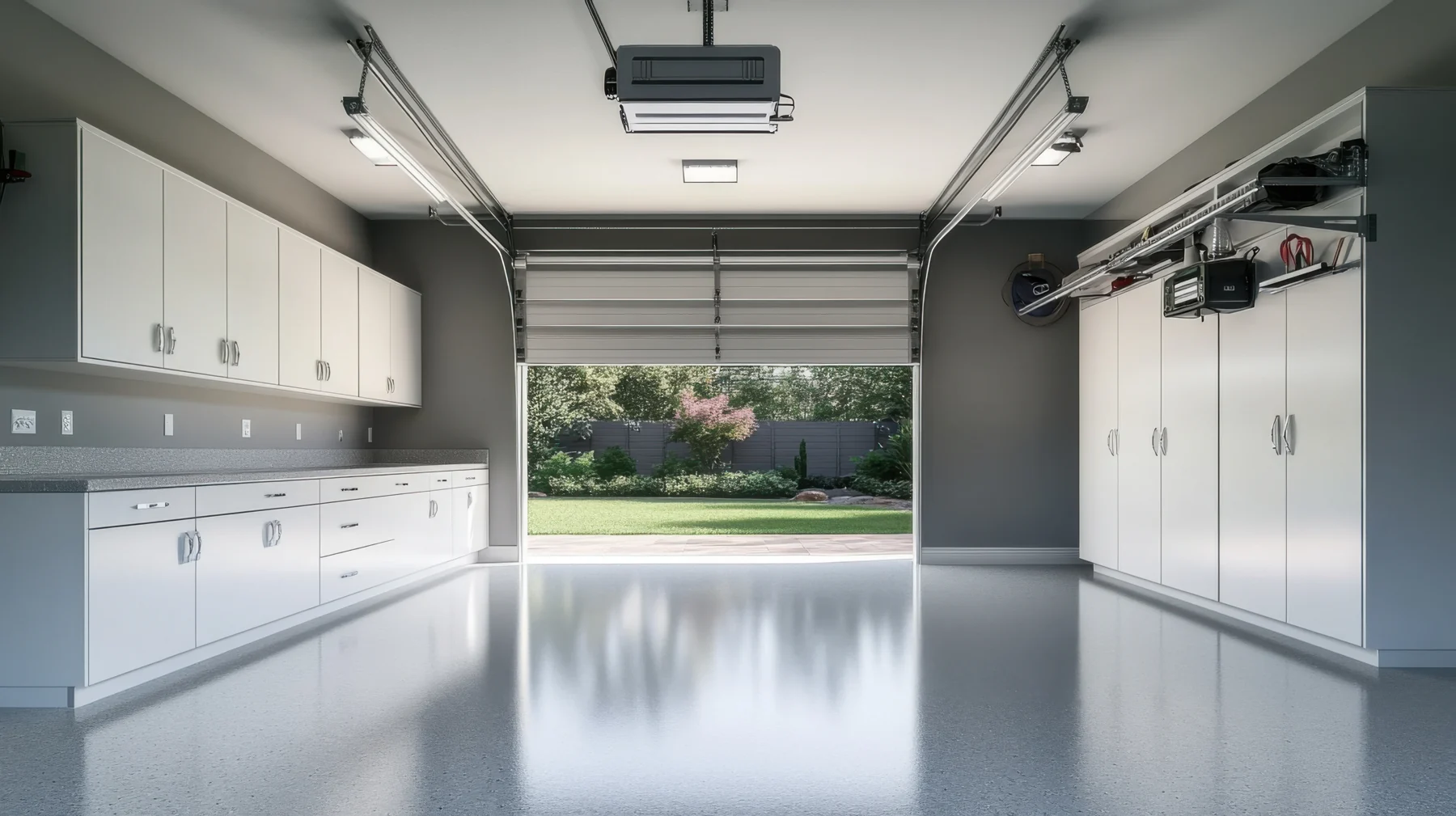 Garage with symmetrical white wall cabinets, work surfaces, and an open garage door